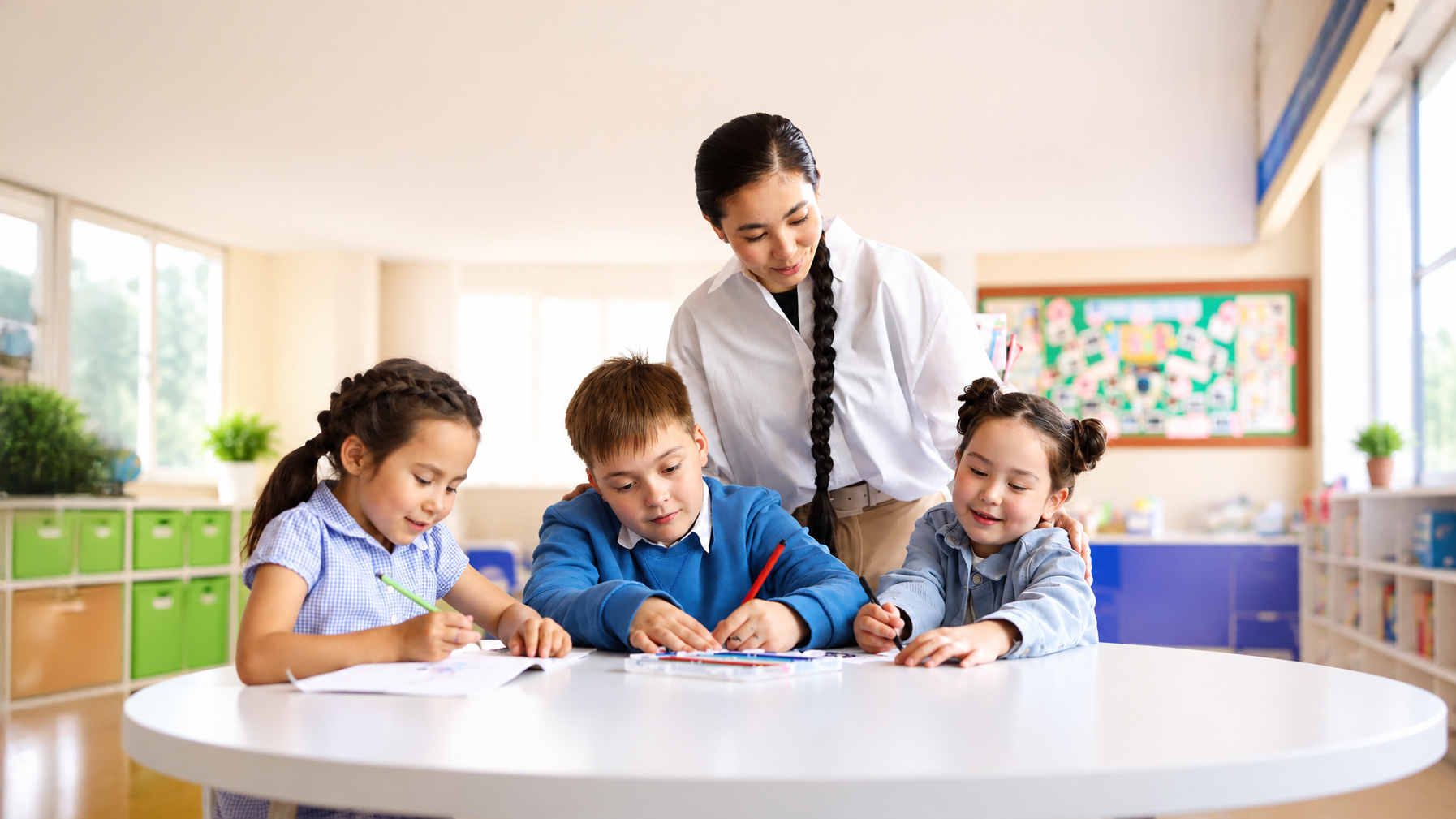 Primary pupils learning with their teacher in Astana